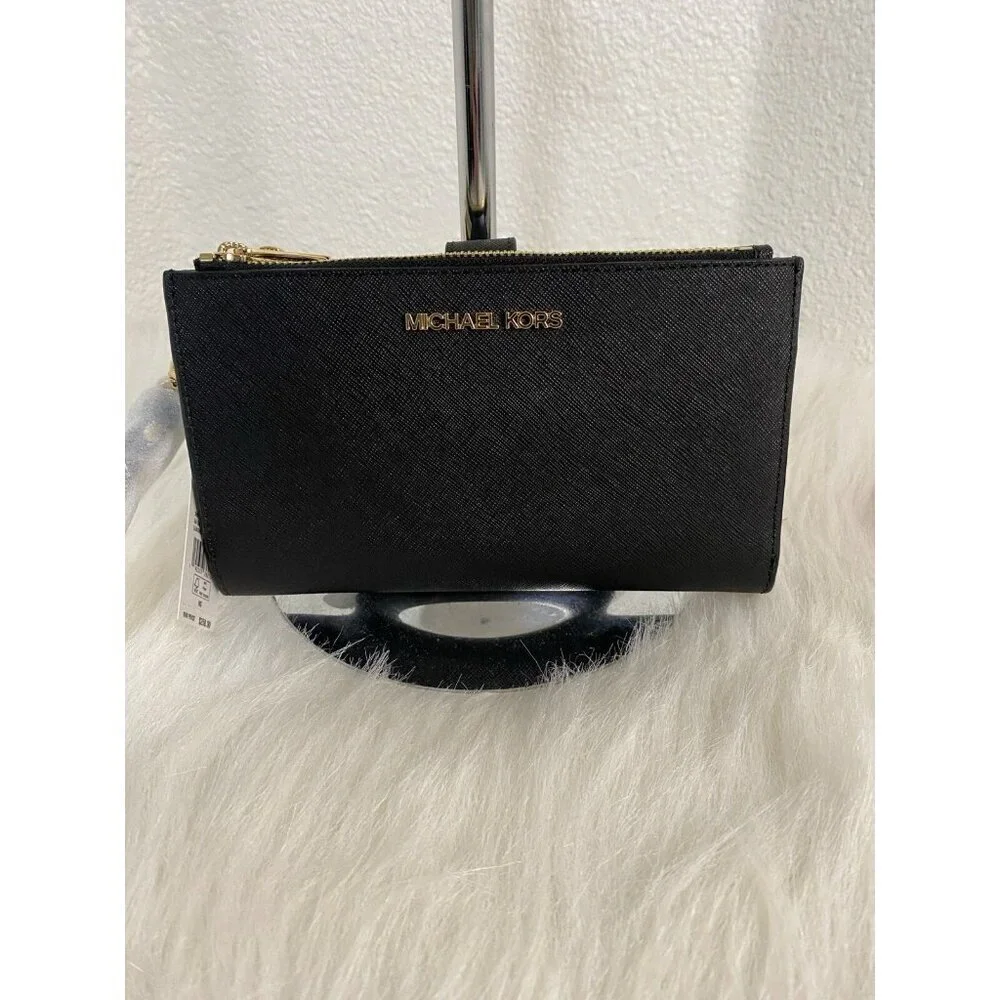 Michael Kors Saffiano Leather Double Zip Wallet Phone Case Wristlet Black Gold